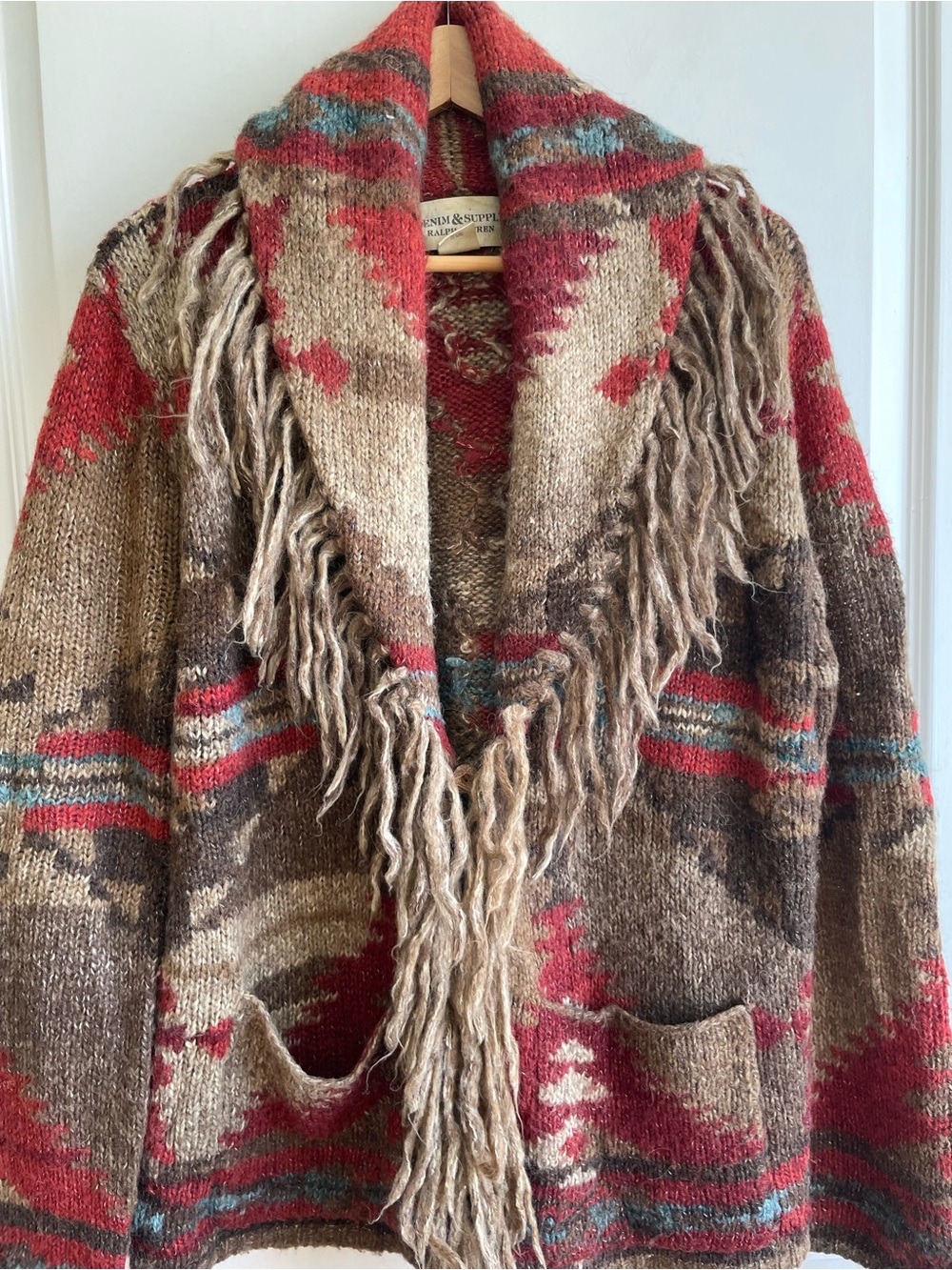 RALPH LAUREN Fringe Aztec Southwest Tribal Cardigan Sweater Alpaca Wool M West - Picture 3 of 8